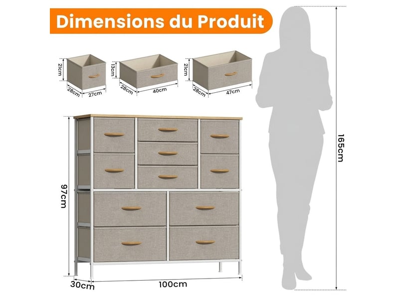  Chiffonnier meuble 100x30x97 cm onze tiroirs tissu kaki et metal blanc chambre  - Conforama D