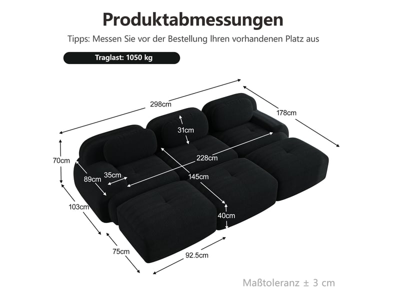 Canapé d'angle modulable ulevr 3 places avec 3 poufs, 298 x 178 cm, velours côtelé noir, sans montage - Conforama C