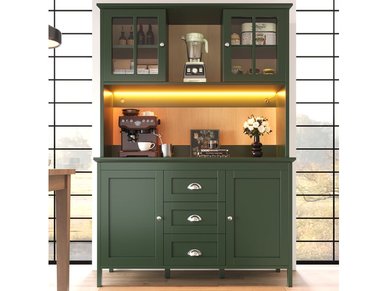 Buffet de cuisine haut avec portes vitrées, tiroirs, étagères réglables et led pour cuisine, vert, 120 × 40 × 179 cm - Conforama C