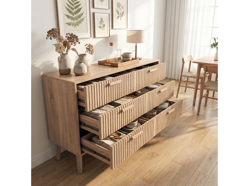  Commode 100, 6 tiroirs, buffet 100, commode chambre, design à lattes verticales, meuble de rangement, chêne clair  - Conforama D