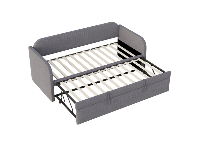  Lit gigogne rembourré 90/180 x 190 cm en tissu effet lin gris, sommier à lattes, dossier à bandes verticales, matelas non inclus  - Conforama R