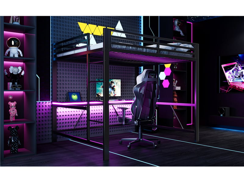  Lit mezzanine gaming 160 × 200 cm, bureau gaming intégré, éclairage led, usb et échelle, structure en métal noir  - Conforama B
