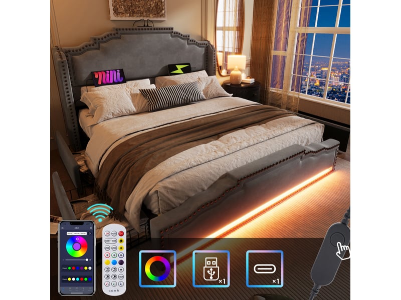  Lit coffre 160 x 200 cm avec matelas, 4 tiroirs, éclairage led et ports usbusb-c, velours gris  - Conforama D