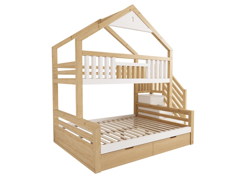  Lit superposé enfant cabane 90x200 et 140x200 cm avec tiroirs blanc et chêne, sans matelas  - Conforama D