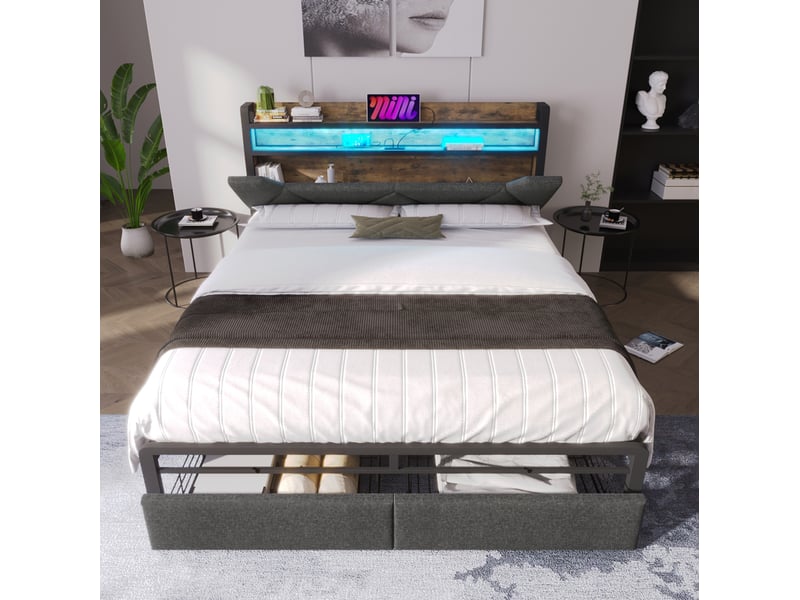 Lit double 160 x 200 cm gris avec matelas, led, ports usbusb-c, rangements et tiroirs - Conforama C