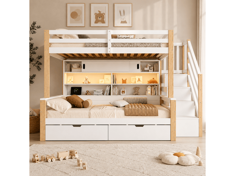 Lit superposé 2 places 90 x 200 cm avec led, usbtype-c et escalier de rangement, lit enfant en pin blanc naturel avec portes coulissantes - Conforama C