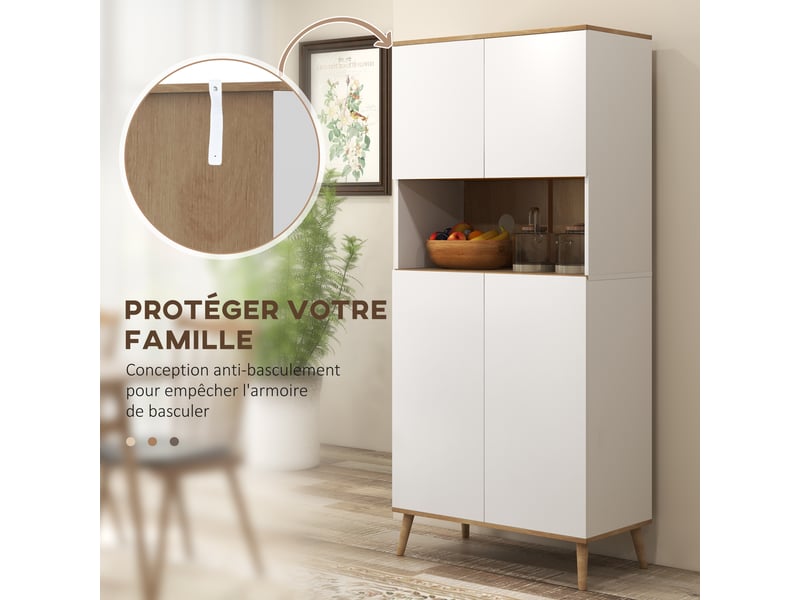  Buffet de cuisine armoire de rangement 2 placards avec porte étagères réglables centrale niche 2 passe-câbles blanc  - Conforama W