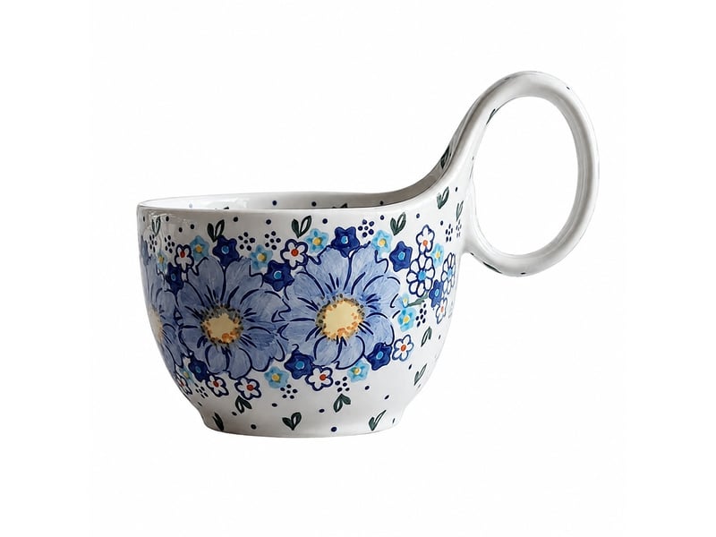  Mug et cuillère en céramique, anse galbée, myosotis, 450 ml  - Conforama A