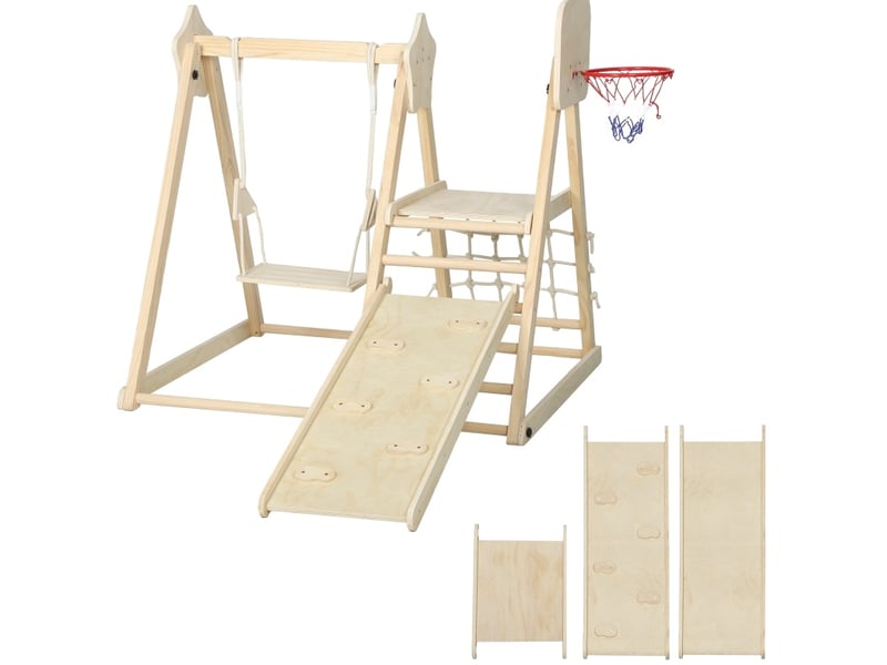  Aire de jeux intérieure 5-en-1 140x133 cm – coloris bois naturel – pliable avec toboggan et balançoire  - Conforama A