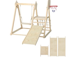 Aire de jeux intérieure 5-en-1 140x133 cm – coloris bois naturel – pliable avec toboggan et balançoire