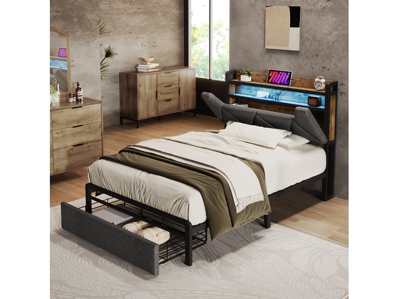 Modenvie lit 1 place 90x200 cm - avec led, ports usb-c et tête de lit avec rangement - gris  - Conforama D