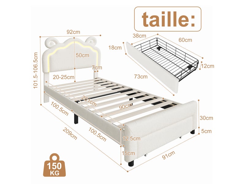 Lit enfant 90x200 cm en teddy bouclé beige - tête de lit en forme de mouton - led 7 couleurs avec application et télécommande - grand tiroir de rangement intégré - sommier à lattes en bois inclus - lit 1 place pour fille, garçon… - Conforama R