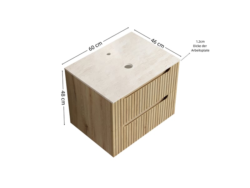  Meuble sous vasque de salle de bain sans vasque avec 2 tiroirs et plan en pierre frittée, chêne clair  - Conforama C