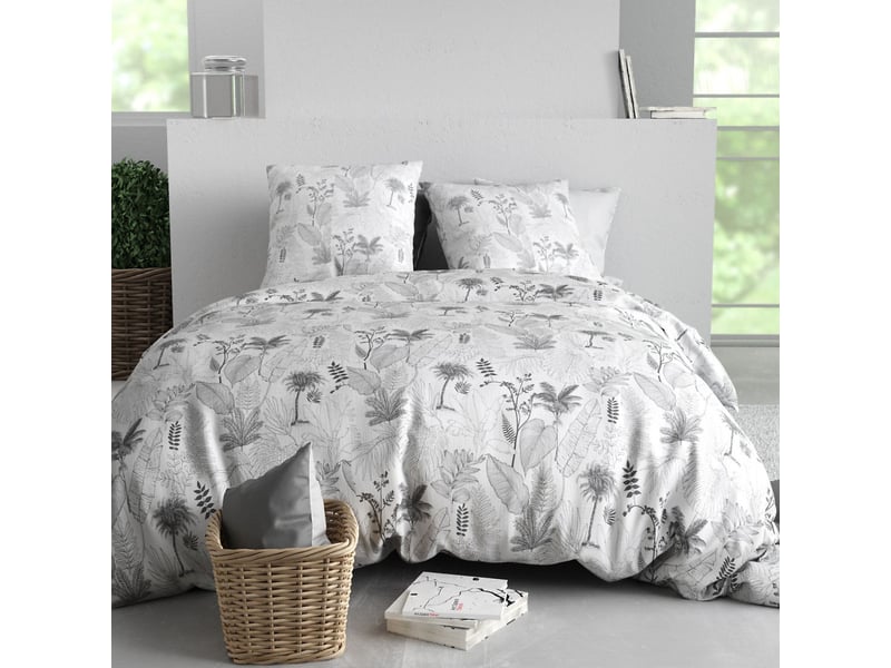  Parure housse de couette 260x240cm + 2 taies motif feuillage palmier blanc et noir 100% coton - josselin JOSSELIN - Conforama A