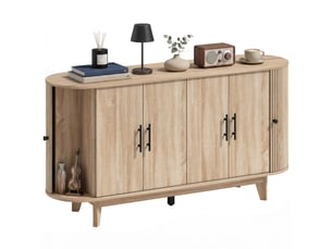 Buffet salon, meuble de rangement ovale avec 4 portes et 2 étagères réglables, 147x40x76cm, chêne