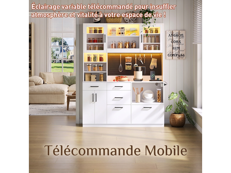  Buffet de cuisine haut blanc avec prise et éclairage led, 145x40x185 cm  - Conforama D