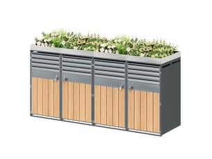 Abri pour poubelles extérieur 4 portes en acier galvanisé gris effet bois clair avec bac à plantes verrouillable