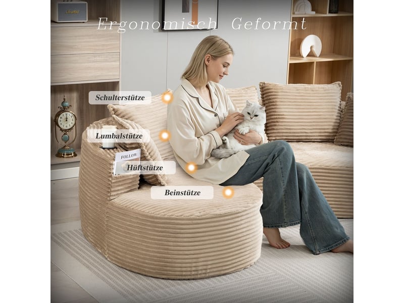  Canapé 250 x 152 x 82 cm en cord mousse haute densité et ressorts coussins inclus porte-gobelets latéraux poche de rangement  - Conforama D