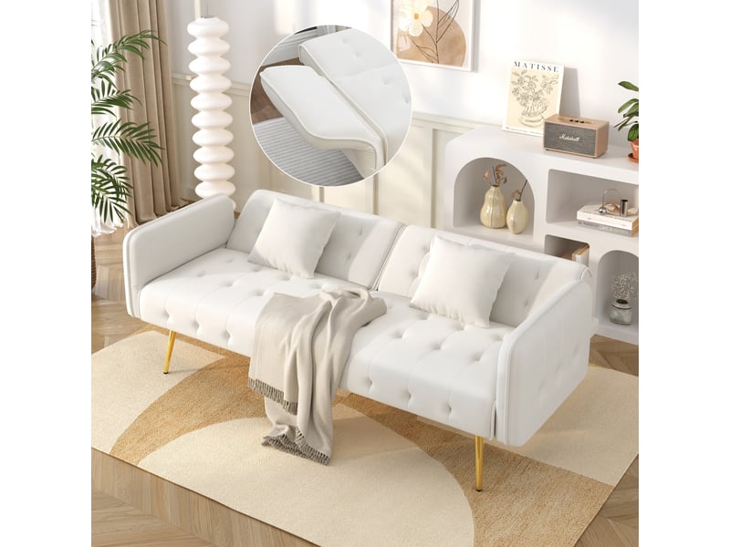  Canapé convertible 2 places, canapé-lit en velours blanc avec dossier et accoudoirs réglables, pieds en métal, 178x82x70 cm  - Conforama D