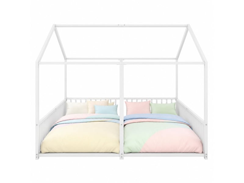  Lit enfant double 2 x 90 x 200 cm en métal blanc, forme maison avec barrières  - Conforama A
