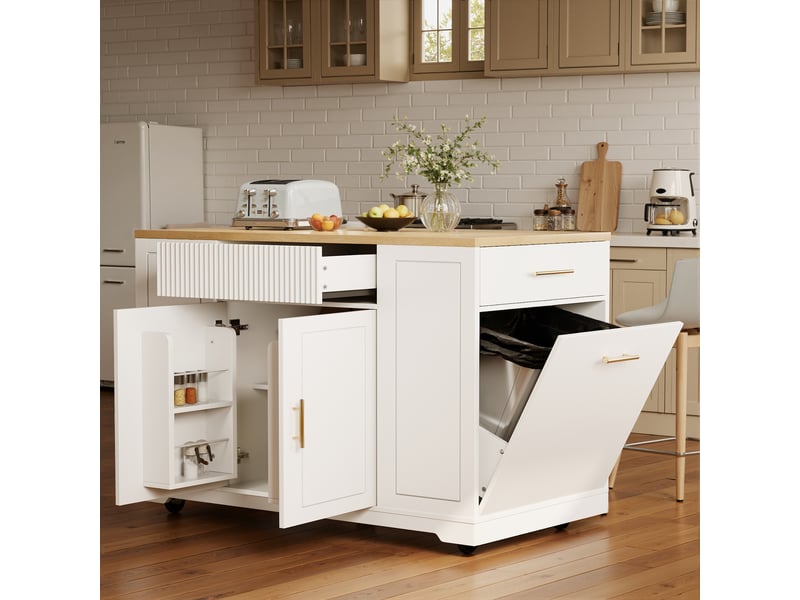  Îlot central cuisine sur roulettes 120x50 cm desserte blanche avec rangement poubelle 3 tiroirs 2 portes  - Conforama E