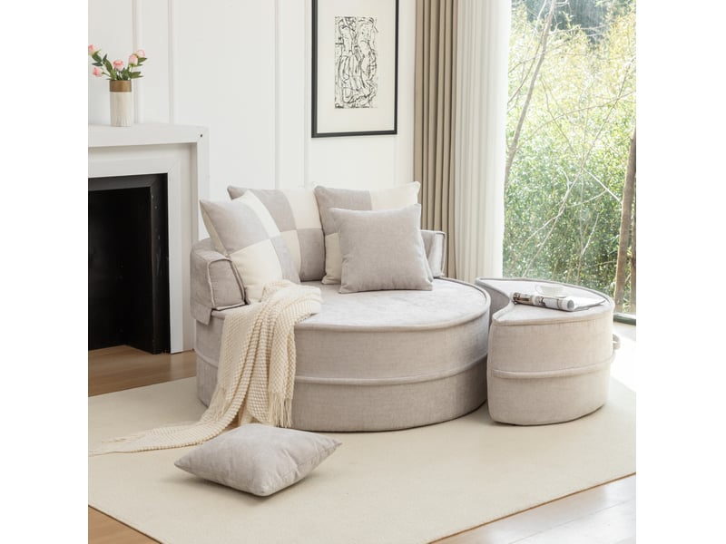 Fauteuil lounge rond 1 place gris en tissu avec ottomane et 5 coussins, confort moelleux pour se détendre - Conforama E