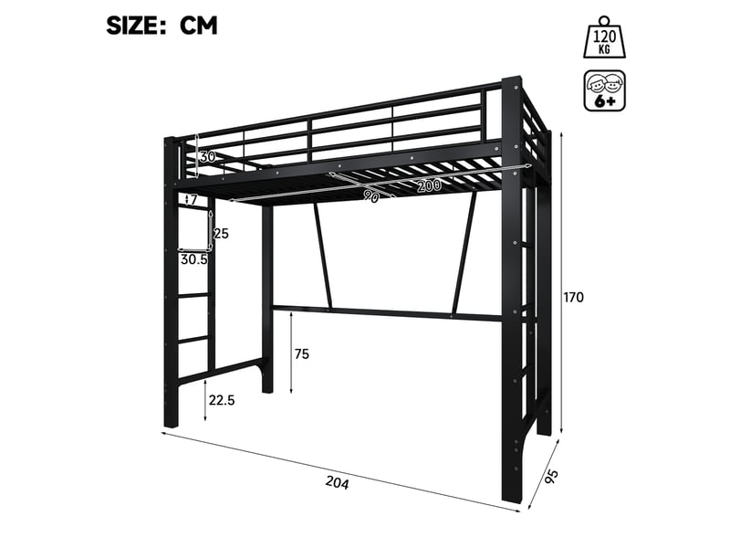 Lit mezzanine 90x200 cm en métal avec double échelle coloris noir - Conforama C