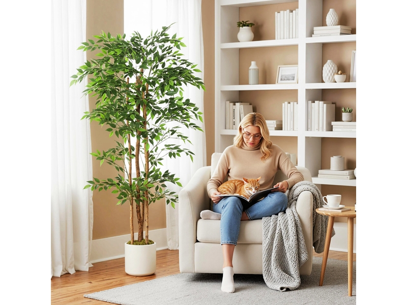  Arbre artificiel de banian, plante artificielle avec tronc en bois massif, pot, pour salon, chambre, bureau, 75 x 75 x 180 cm, vert  - Conforama D