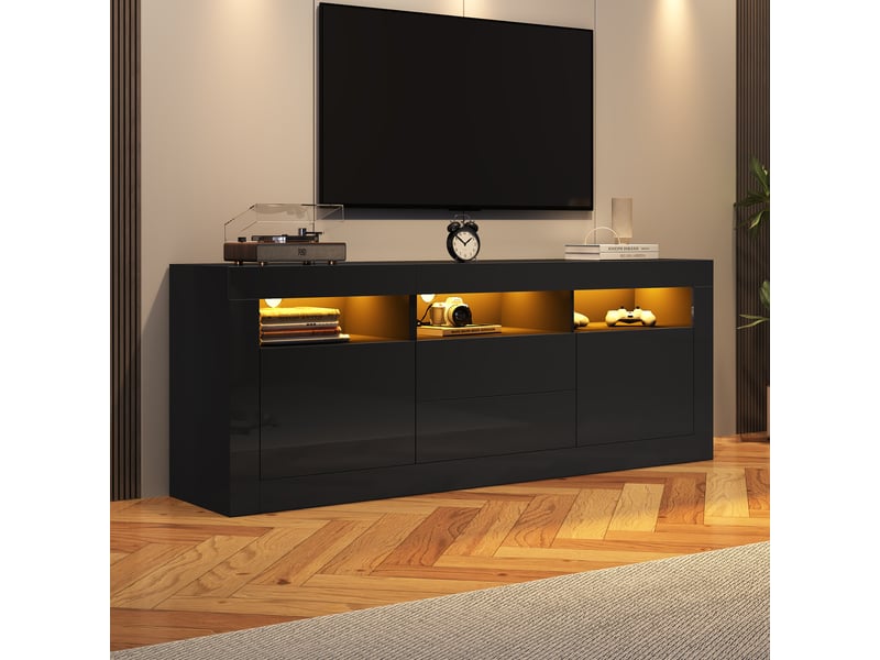  Meuble tv 160 cm noir brillant avec led app bluetooth pour écran 70 pouces  - Conforama D