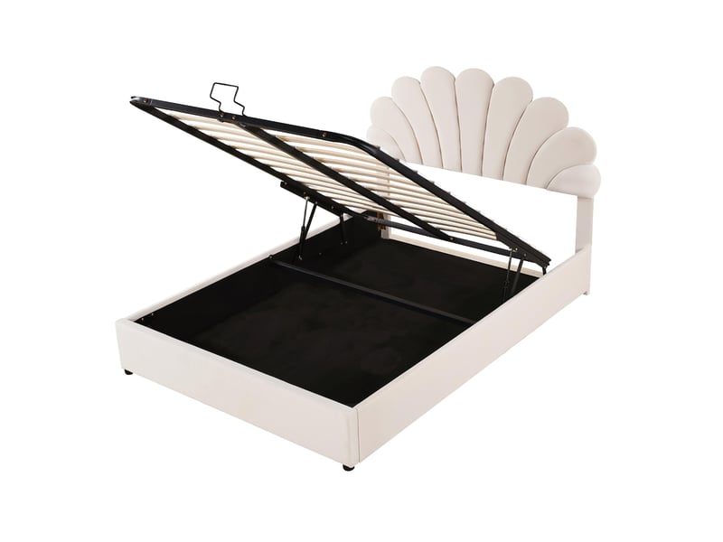 Lit coffre 140 × 200 cm, velours beige, tête de lit fleurie réglable, sommier relevable, rangement sous le couchage - Conforama E