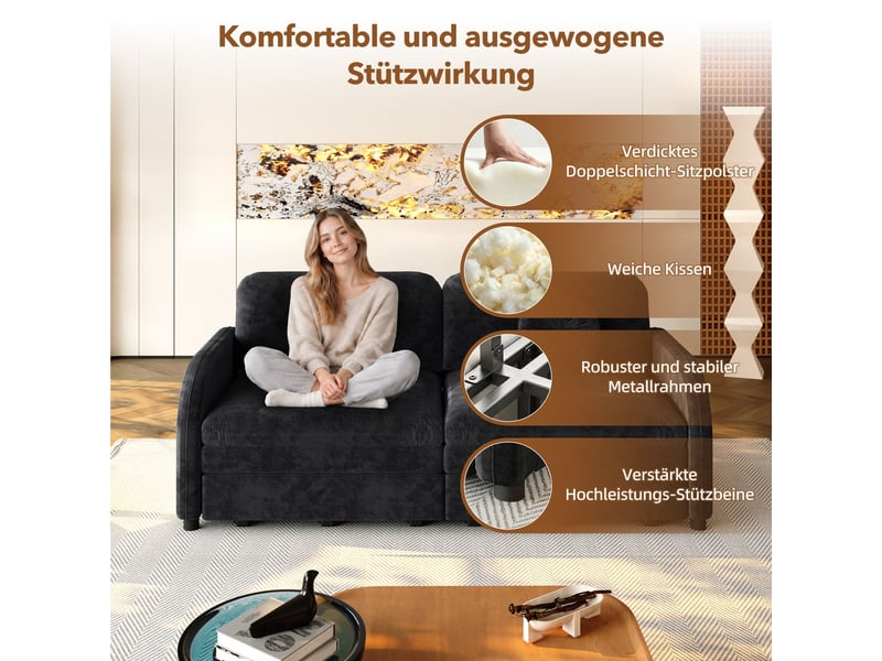Canapé-lit 166 cm fonction convertible couchage d'appoint 2 places poches de rangement sur les deux côtés coussins amovibles revêtement en chenille coloris noir format 3-en-1 - Conforama C