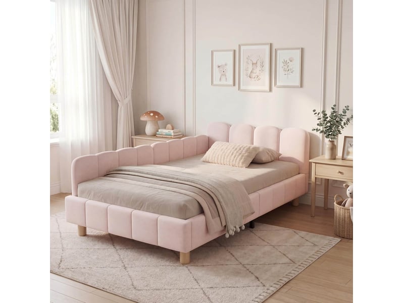  Lit enfant 90x200 cm en velours avec rangement rose  - Conforama E