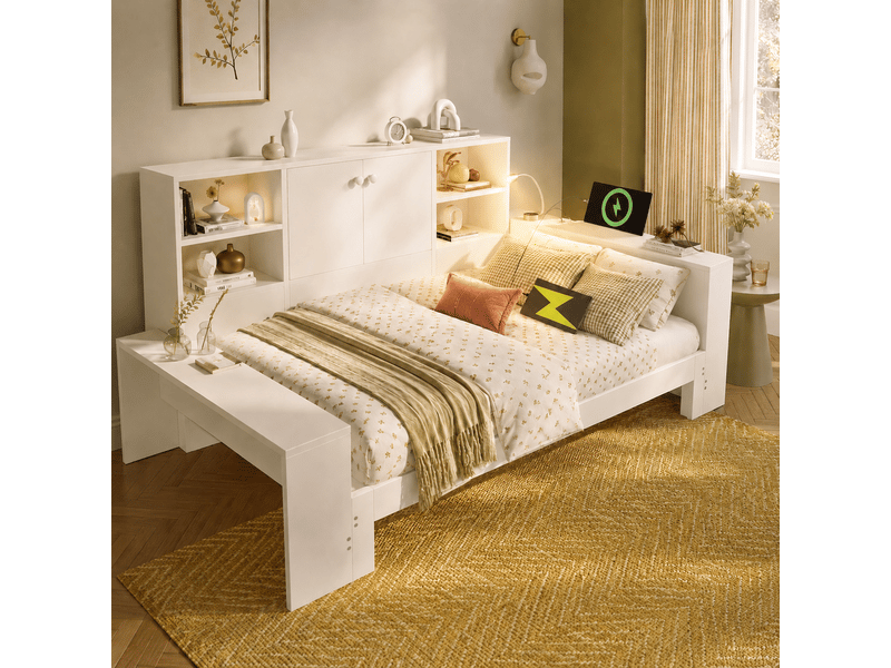 Lit coffre 90x200 cm, lit enfant, couchage d'appoint, coffre de rangement, couchage gigogne extensible, usb et usb-c, bois blanc - Conforama C