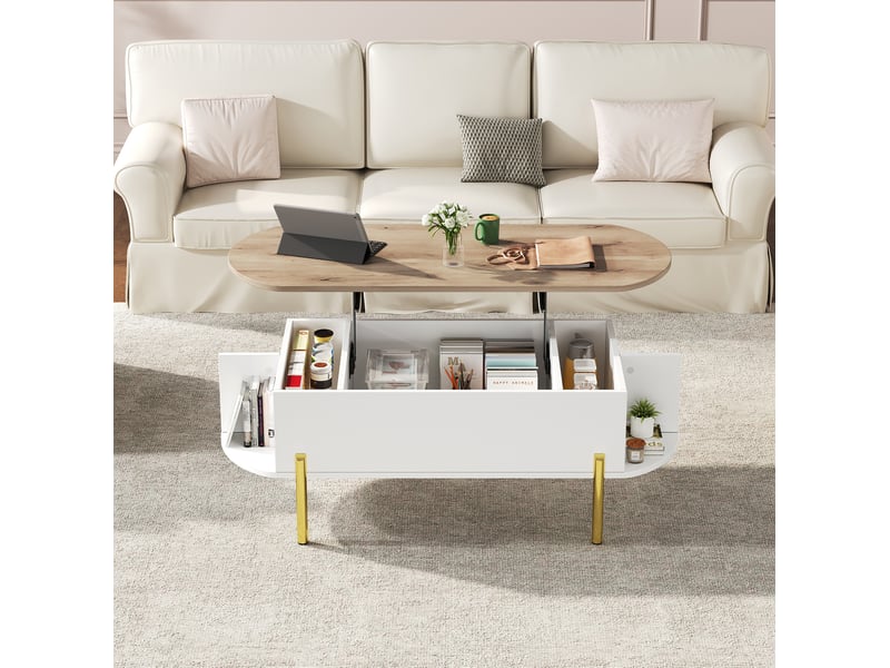  Table basse relevable 120 x 50 cm avec rangement, mdf blanc, plateau couleur bois  - Conforama D