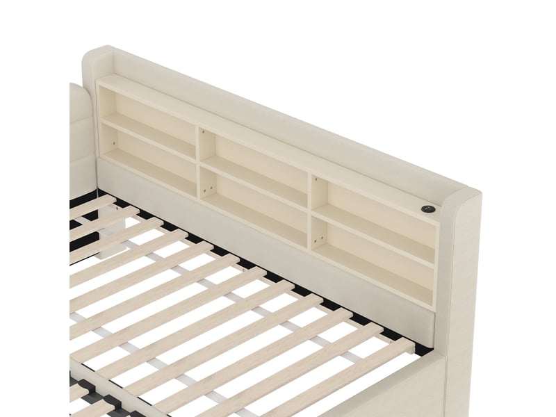  Lit banquette 90x200 en lin beige - lit gigogne extensible 180x200 avec ports usbtype c et rangements  - Conforama W