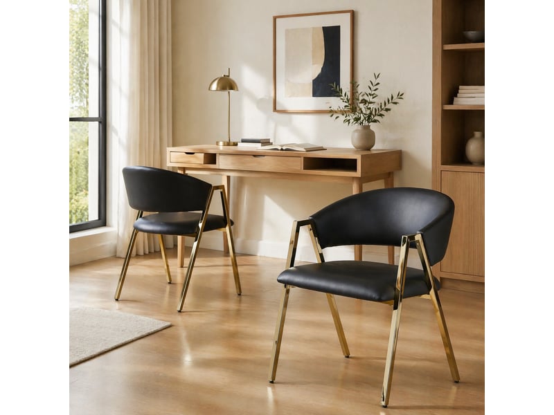 Chaises de salle à manger lot de 2 avec dossier ergonomique  - métal doré, simili cuir noir  - Conforama B