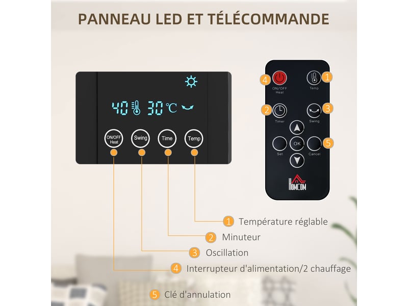  Radiateur soufflant mural chauffage céramique ptc - 1000 w 2000 w oscillation minuterie avec télécommande noir  - Conforama E