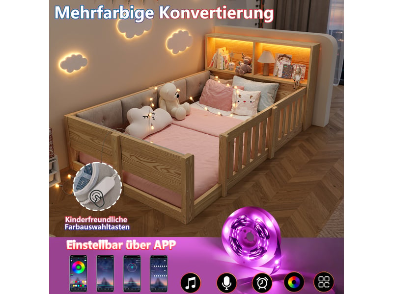  Lit enfant simple 90×200 cm avec barrières, led et rangements - okmyhome- lit bas naturel, sans matelas  - Conforama E