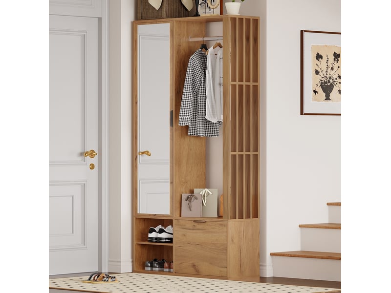  Meuble d'entrée 100x33x190 cm – bois naturel – miroir, penderie et rangement 6-en-1  - Conforama E