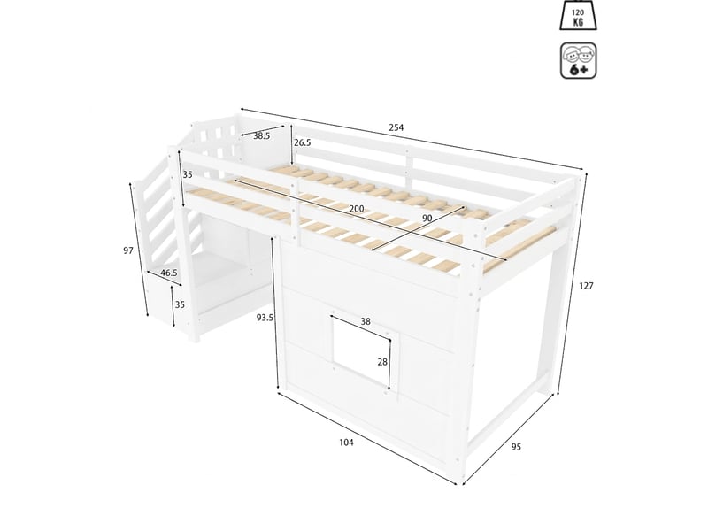  Lit mezzanine 90x200 avec escalier de rangement et fenêtre, éclairage led, blanc  - Conforama D