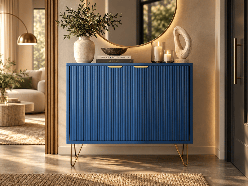  Buffet bleu 80 cm armoire de cuisine avec 2 portes, meuble de rangement avec poignées et pieds métal  - Conforama B