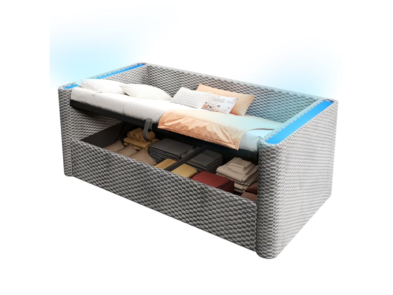  Lit enfant 90 x 200 cm avec rangement led multicolore pilotable moderne confort tissu velours gris sans matelas  - Conforama A