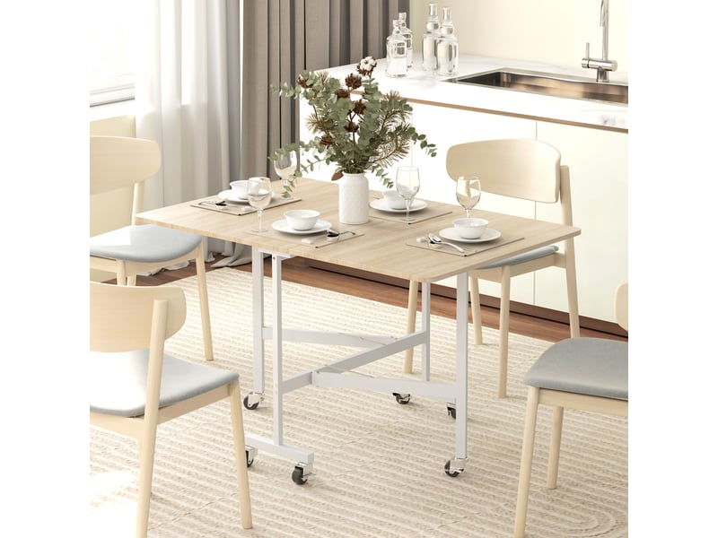  Table à manger pliante sur roulettes pour 4-6 personnes 120 cm, roues avec freins, 2 abattants, style industriel, chêne  - Conforama D