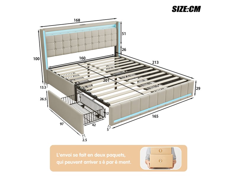  Lit 160 x 200 avec sommier,lit double 160 x 200, 4 tiroirs de rangement, bandeau led port usb, revêtement tissu lin, beige  - Conforama C