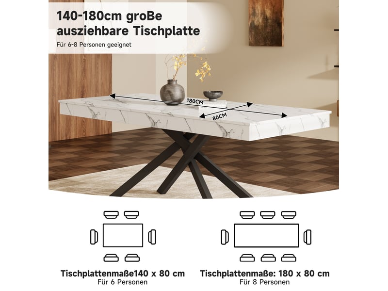 Table de repas extensible blanche – plateau mdf 140180 x 80 cm – 6 à 8 personnes - Conforama E