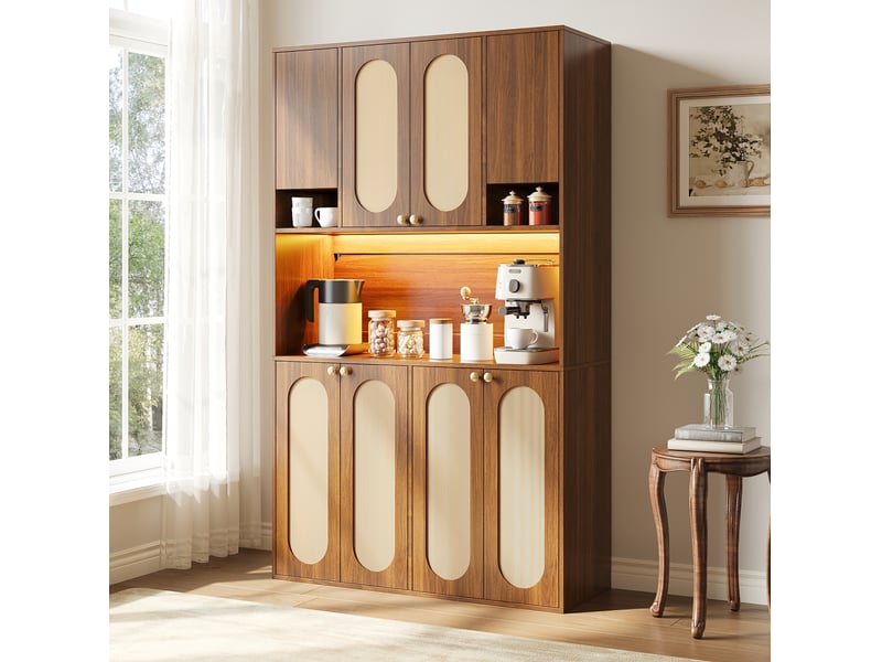  Buffet haut avec 8 portes, niche bar ouverte et led réglable en mdf et rotin pe naturel, pour salle à manger salon  - Conforama B