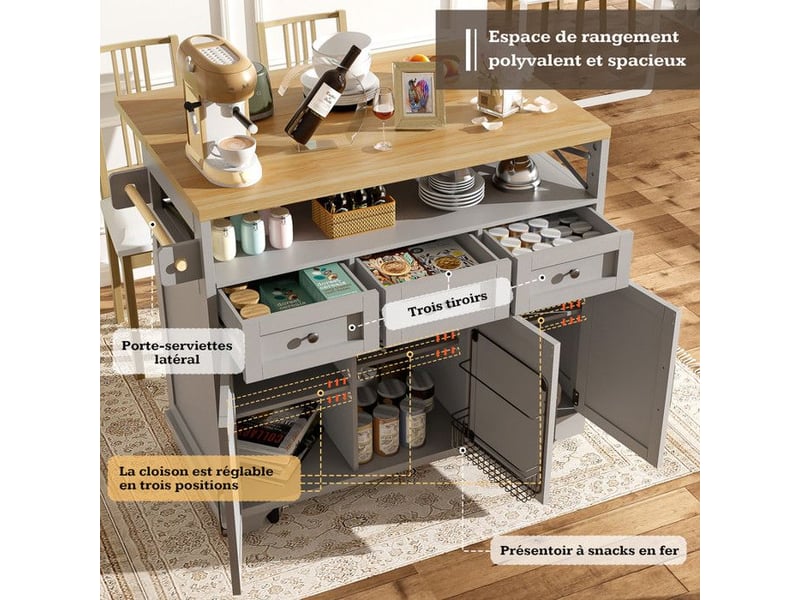  Îlot de cuisine  - moderne - gris - espace de rangement - roues - desserte à roulettes  - Conforama C