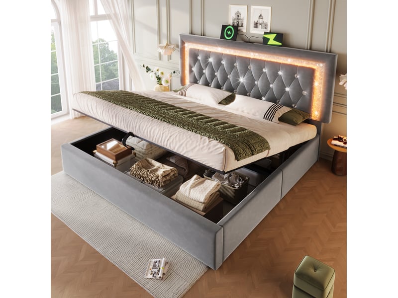  Lit coffre double 160 x 200 cm en velours gris avec led, ports usb et usb-c, matelas inclus  - Conforama B