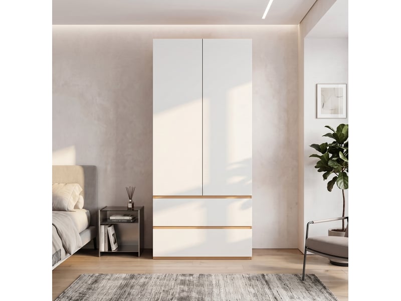  Armoire 2 portes 90x50x200 cm avec 2 tiroirs blanc et effet chêne  - Conforama E
