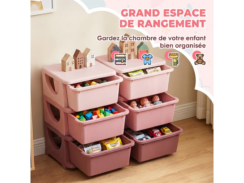  Organisateur de jouets pour enfants à 3 niveaux avec 6 tiroirs, boîtes de rangement en plastique, rose, 75x37x56,5cm  - Conforama A